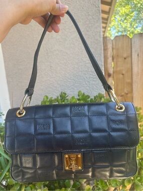 MCM Black Quilted Logo Leather Shoulder Bag with Gold Hardware